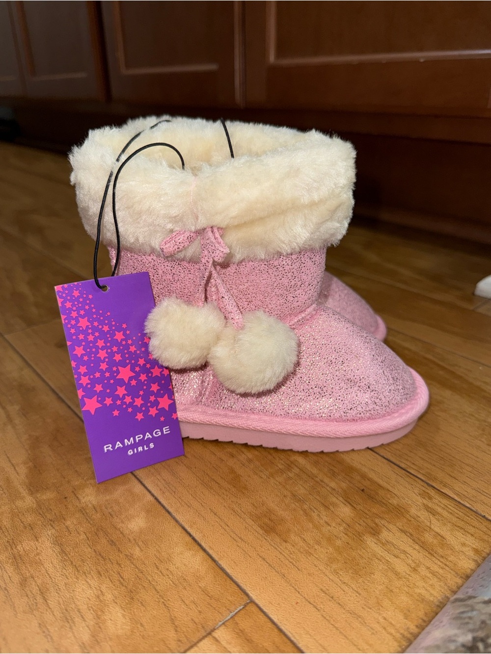 Rampage Girls Pink Glitter Faux Fur Pom-Pom Booties
